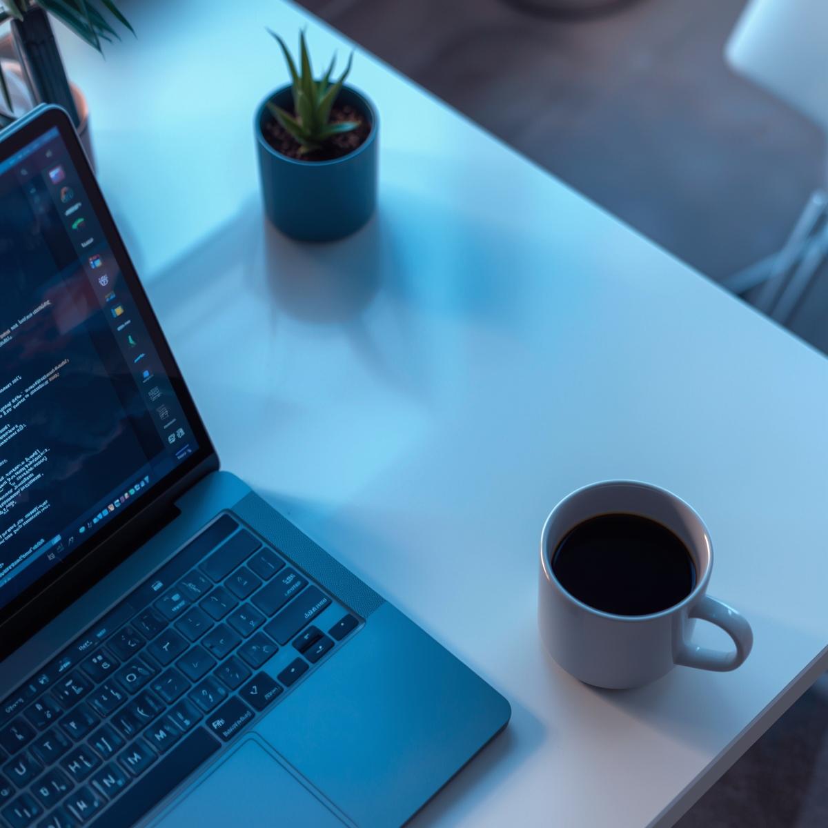 Computer desk with coffee mug